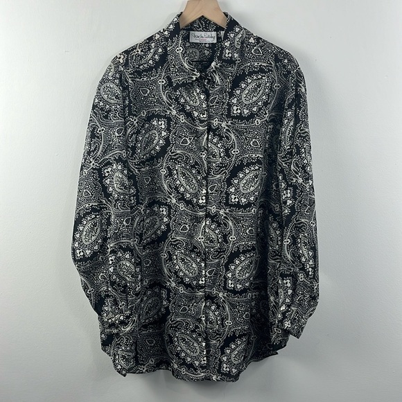 Diane Von Furstenberg Paisley Black White Button Up Top Womens Size 1x/2x - Picture 1 of 10